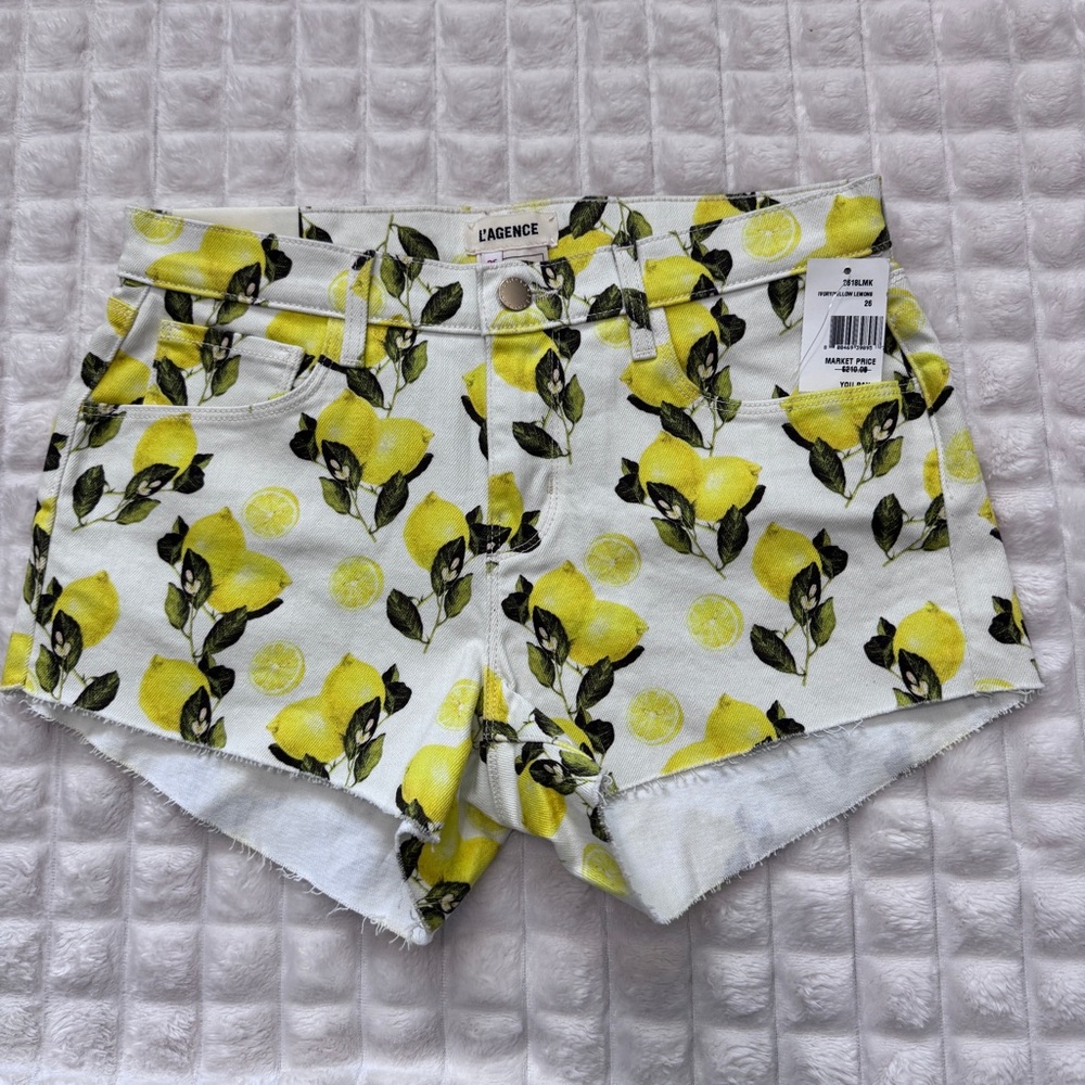 NEW L’Agence 26 Audrey Lemon Print Denim Shorts ~ Summer Beach Lemons Novelty